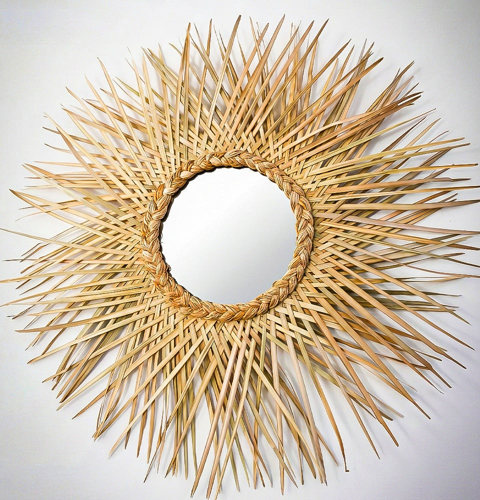 Miroir soleil en fibres naturelles (ou miroir en rotin style soleil)